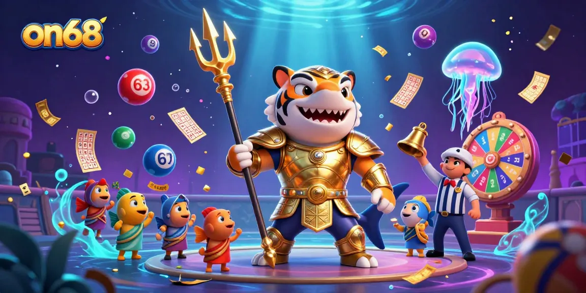 Experience thrilling gambling action with on68's vibrant underwater casino scene featuring a shark in gladiator armor.