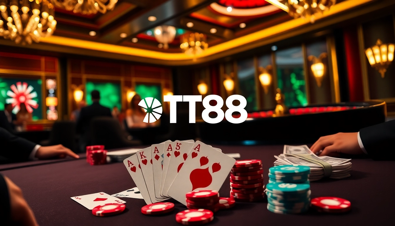Exciting poker game at TT88 casino with elegant players and vibrant chips.