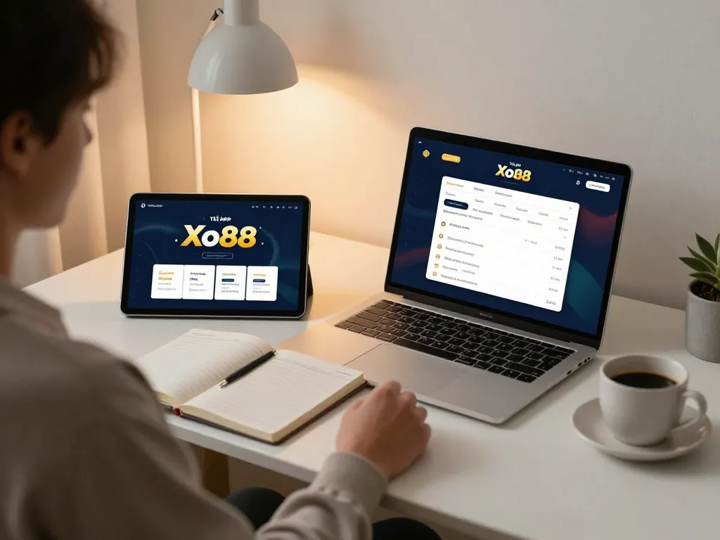Tải app Xo88 on a laptop and tablet, showcasing online casino gameplay in a cozy home setting