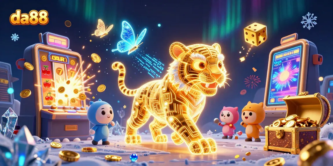 Experience thrilling gameplay at da88 with a neon-wireframe tiger amidst a vibrant casino.