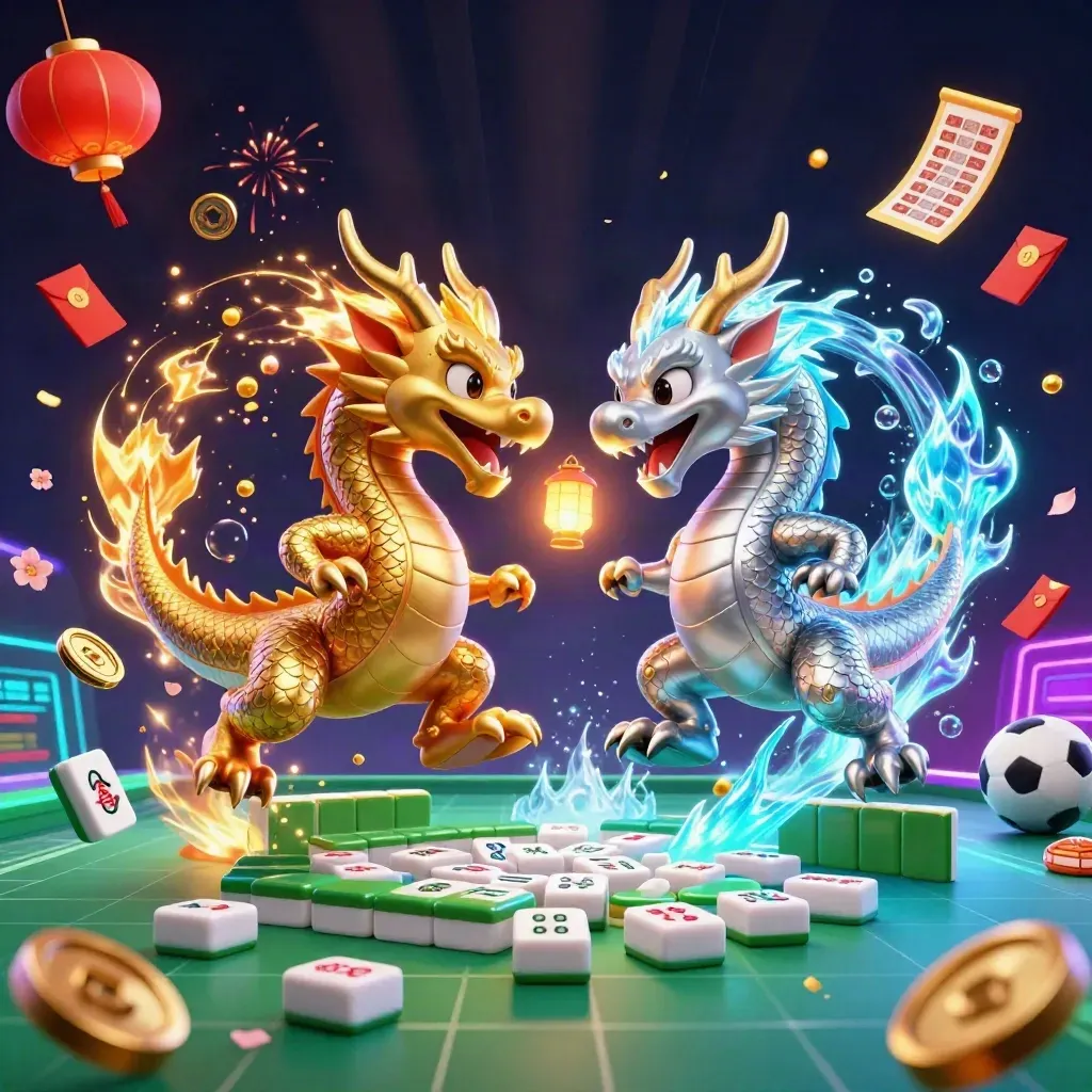 Twee gouden en zilveren draken met sportballen en neon casino-gloed
