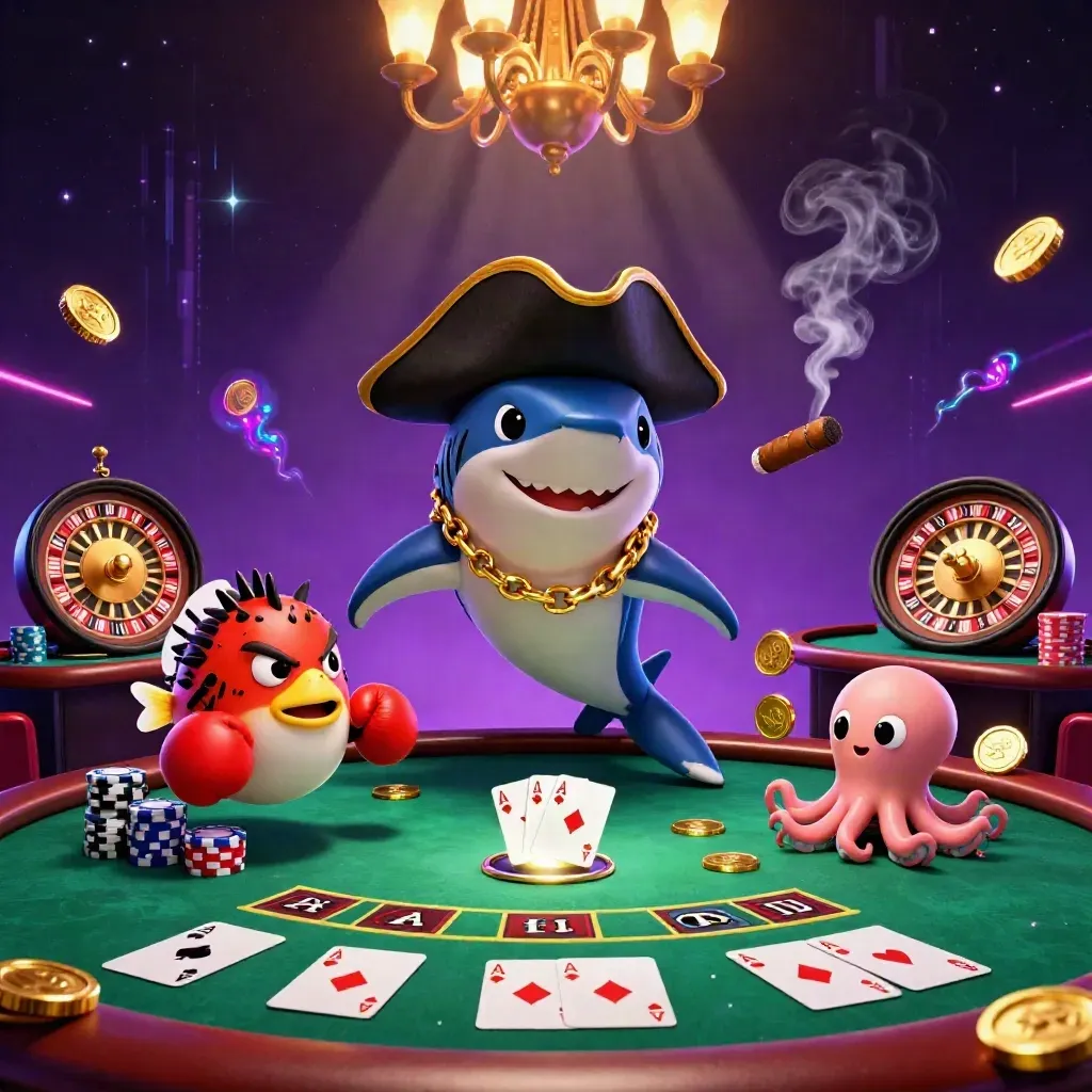Piratenhaai, pufferfish en octopus in luxe neon casino met roulette en kaarten.