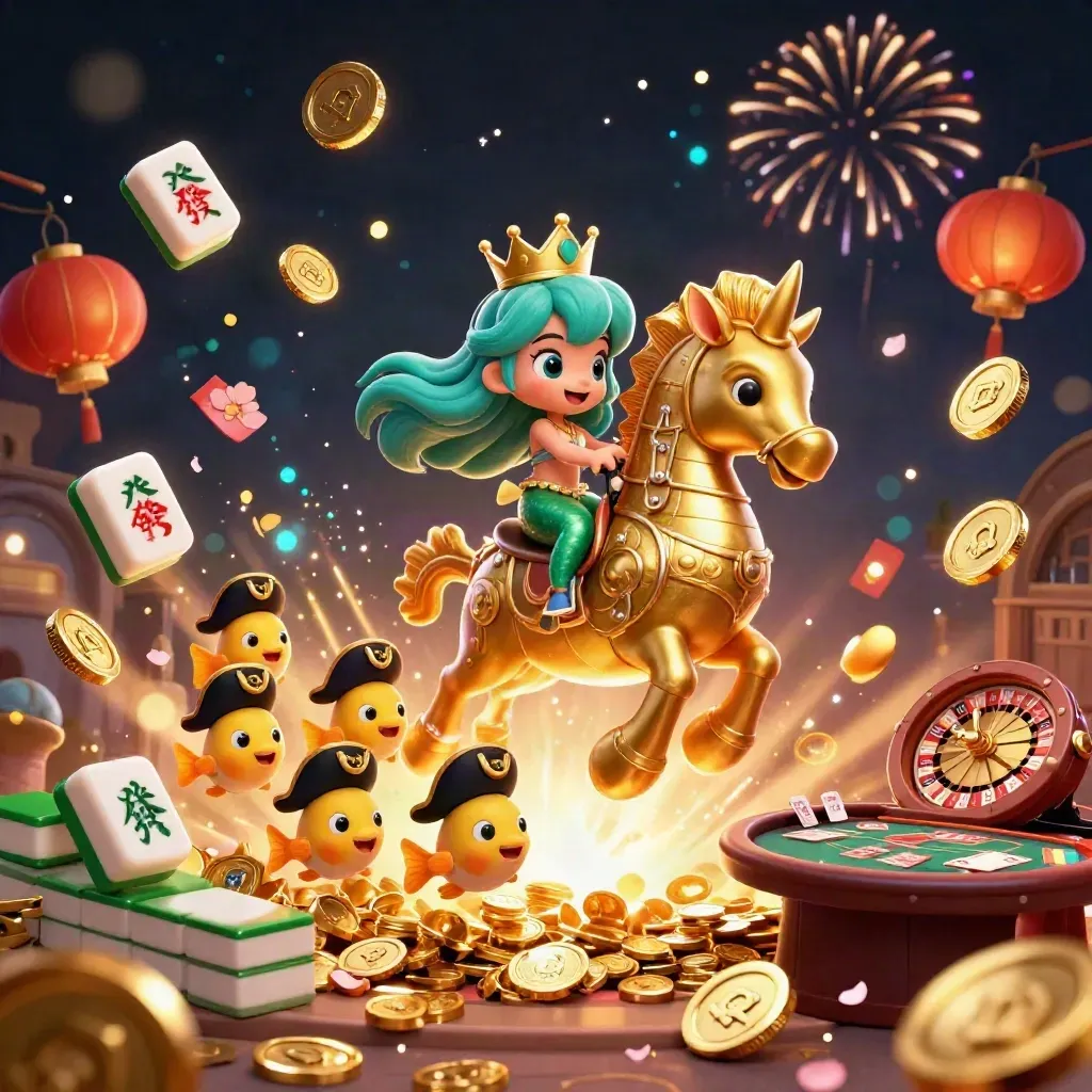 Zeemeerminprinses op gouden zeepaard, met vissen, goud, vuurwerk en casino-elementen.