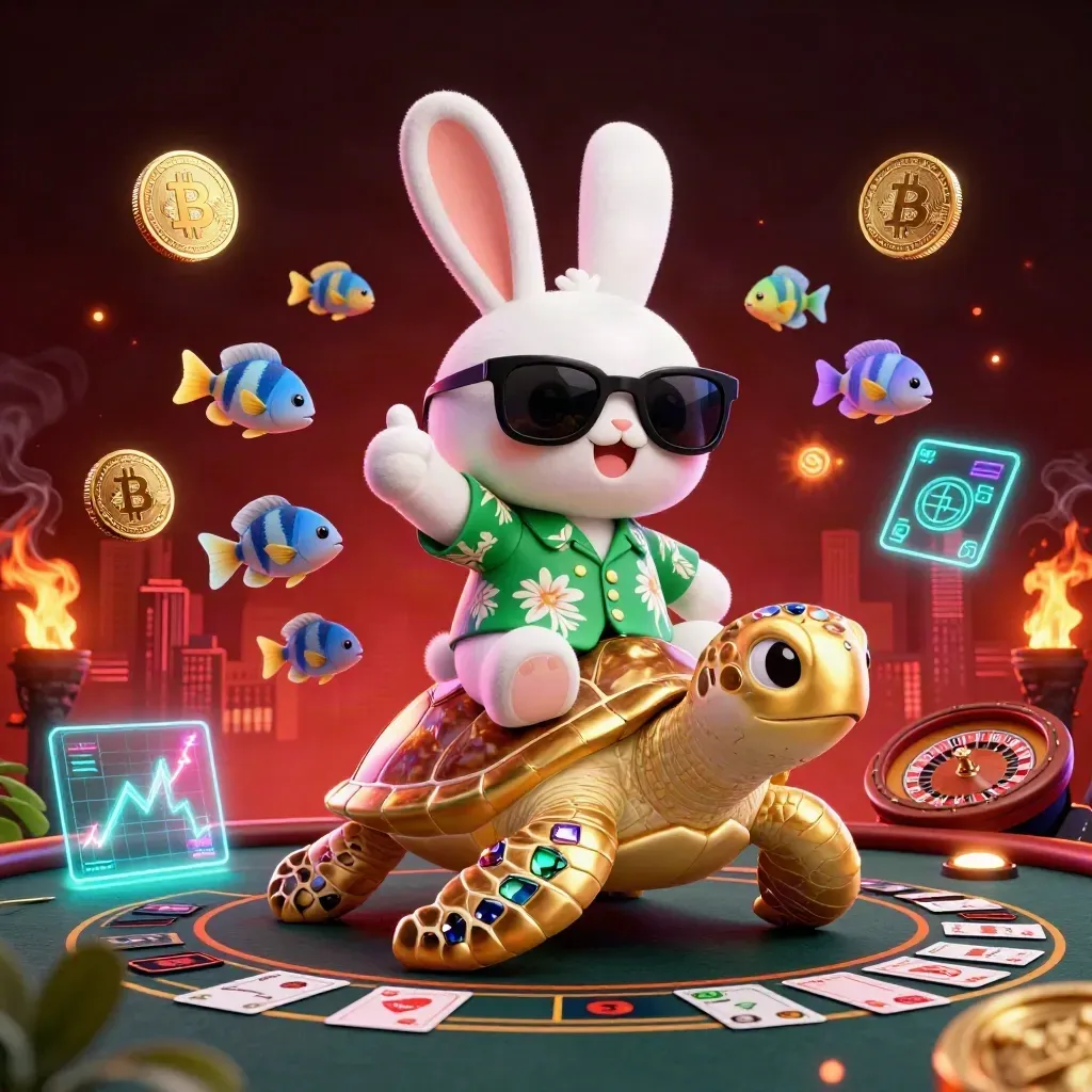 Cartoon konijn op gouden schildpad met neon casino-elementen en vurige lichtaccenten
