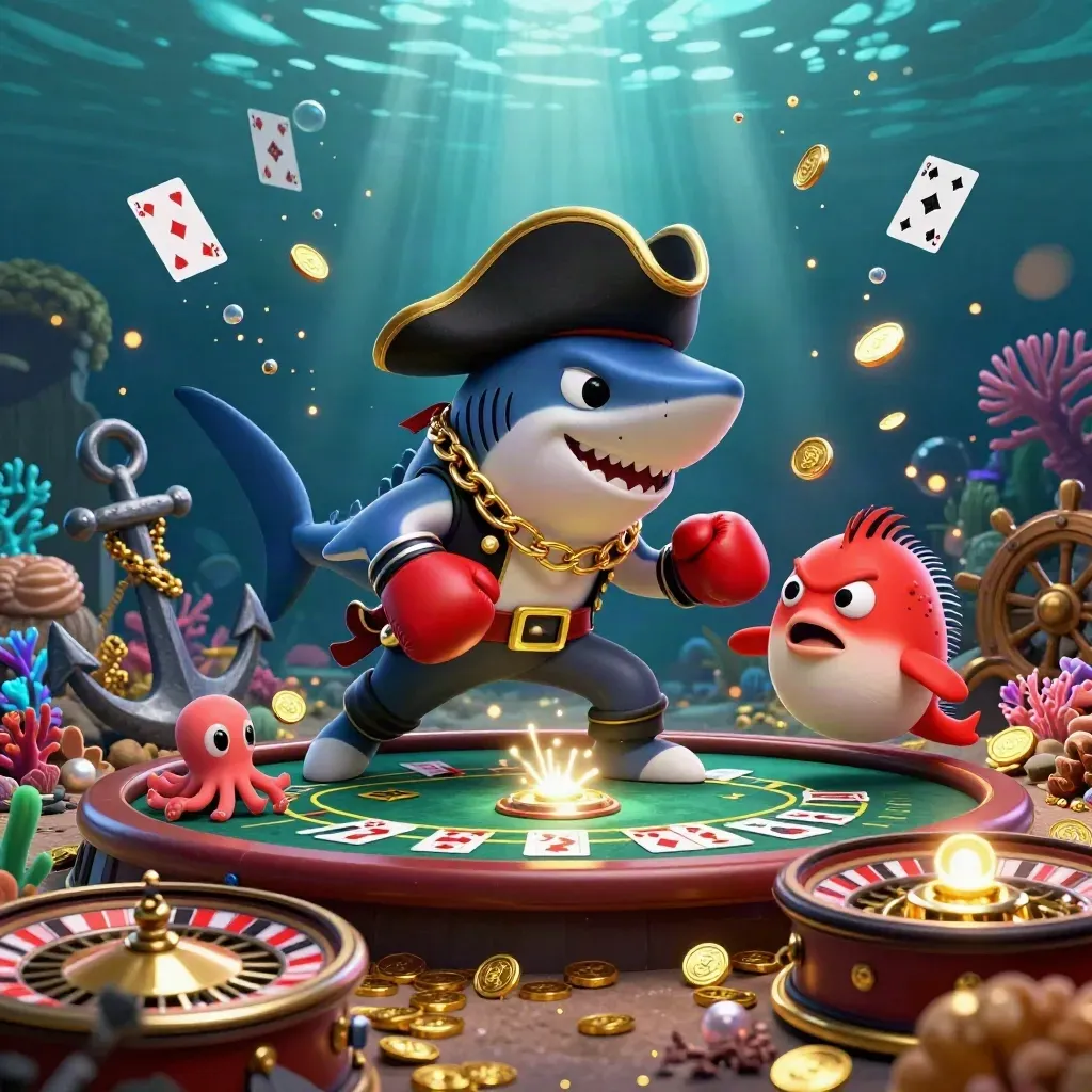 Piratenhaai, pufferfish en baby-octopus in een goudglanzende onderwater-casino scène.