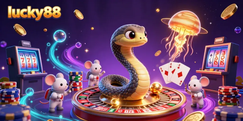Engage in thrilling gameplay with lucky88, depicted by an imaginative casino scene where characters interact amidst a vibrant atmosphere.