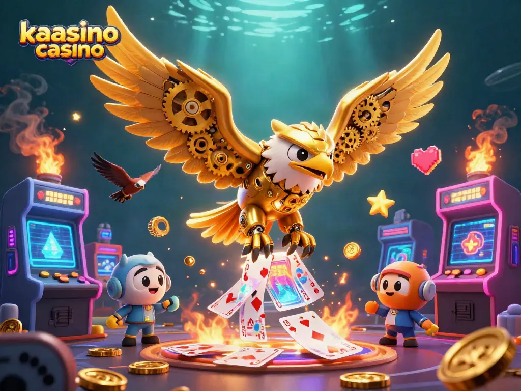 Kaasino casino showcases a cybernetic eagle amidst vibrant gaming machines and holographic cards.
