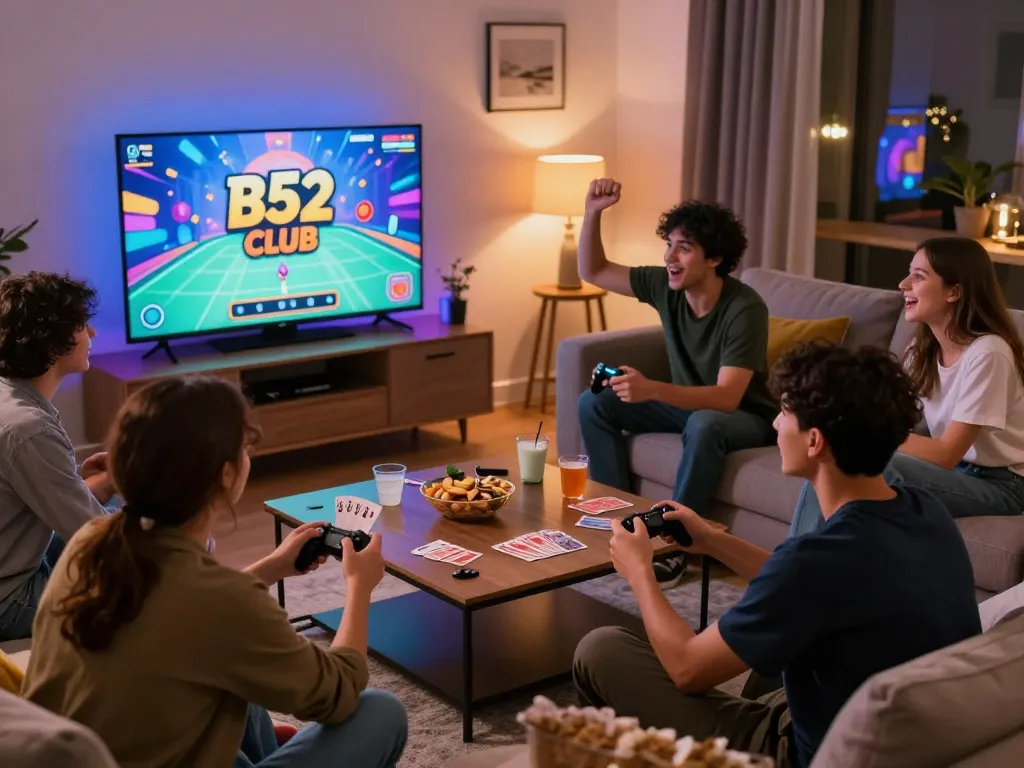 Friends enjoying a game night at home with B52 Club, vibrant atmosphere filled with excitement and gaming energy.