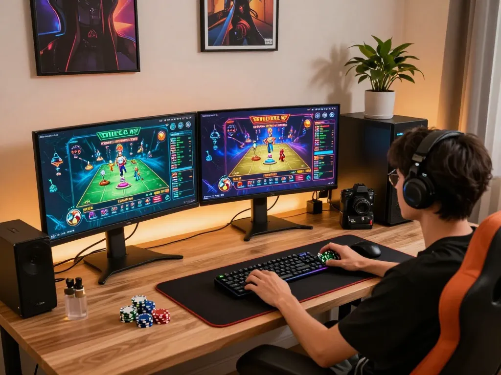 Player engaged in strategic online gaming at 23WIN, showcasing casino games on multiple screens.