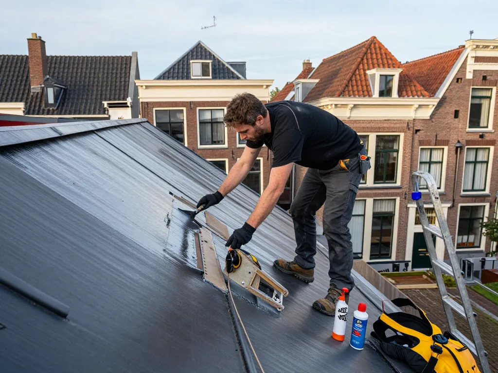 dakdekker Utrecht professional die een beschermende coating aanbrengt op een dak in Utrecht met moderne tools en technieken