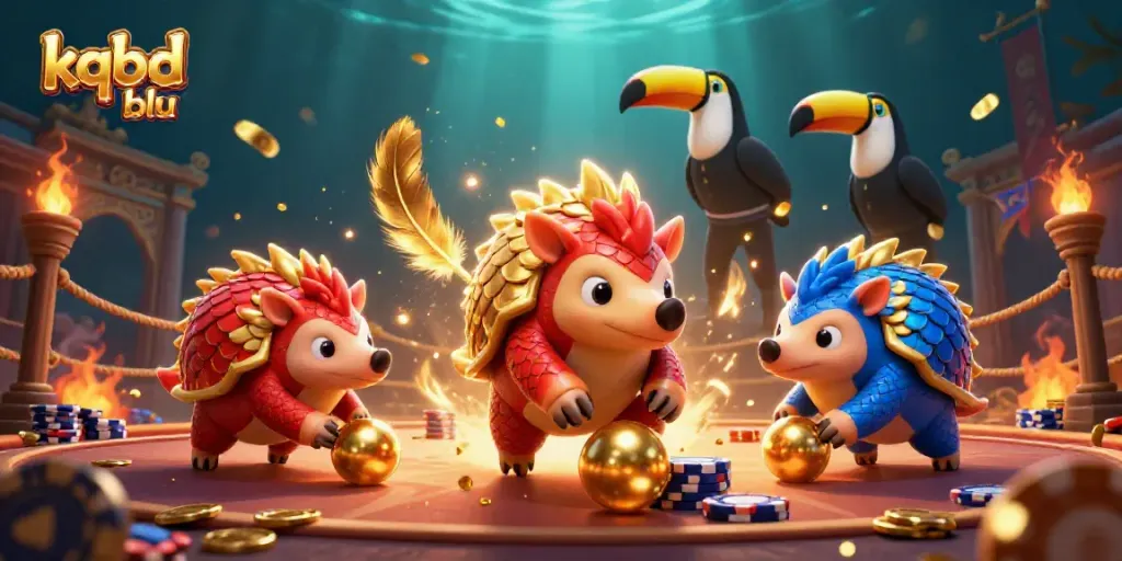 Experience the thrill of kqbd blu with cartoon pangolins battling in a vibrant casino scene.