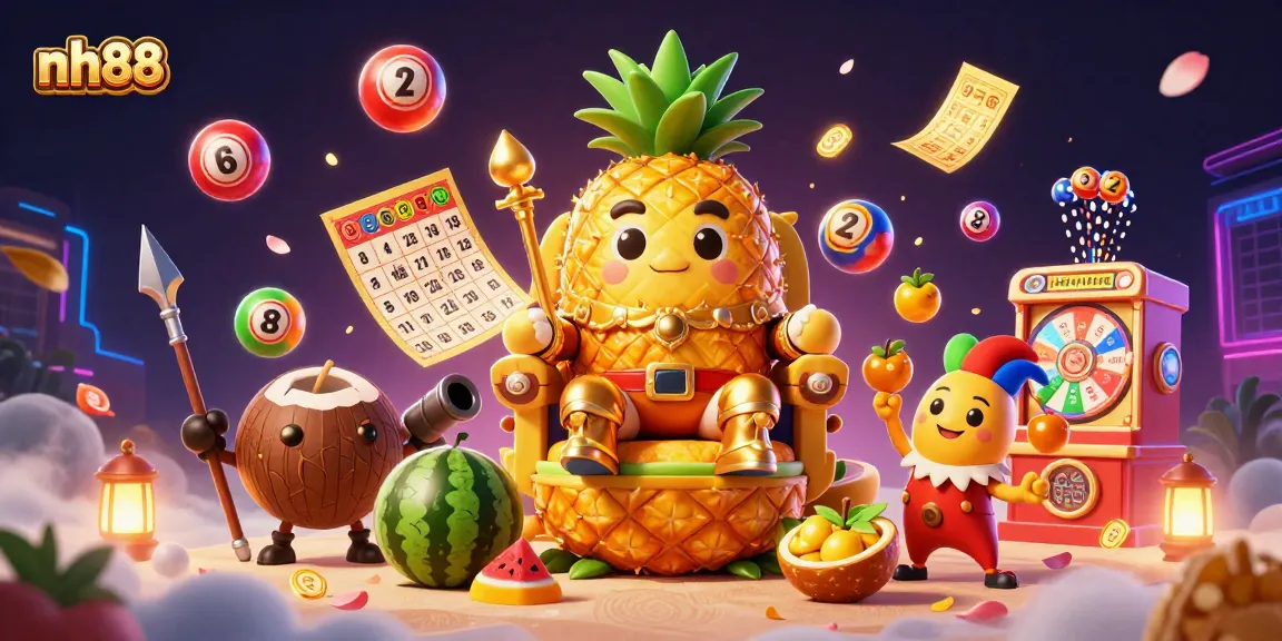 Engage with exciting games at nh88, featuring the golden pineapple king and vibrant casino elements.