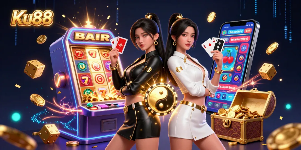 Play exciting casino games at Ku88 with stunning visuals featuring twin Asian women and dynamic gaming elements.