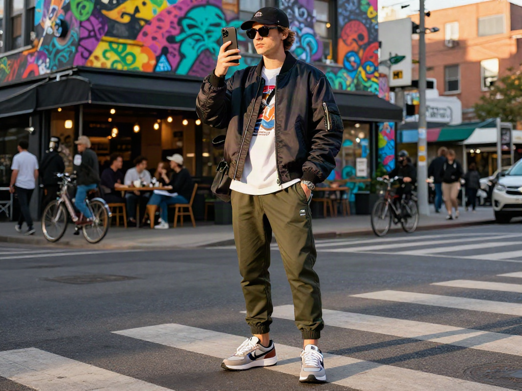 Dynamic urban fashion scene featuring rokok88 streetwear style amidst vibrant graffiti.