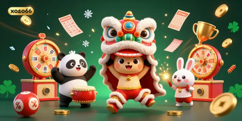 Engaging xoso66 online lottery scene with vibrant characters and dynamic lottery elements.