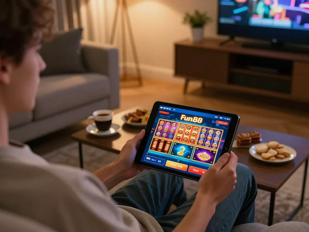 Engaging online gaming moment with fun88 app on tablet, reflecting a comfortable home setting.
