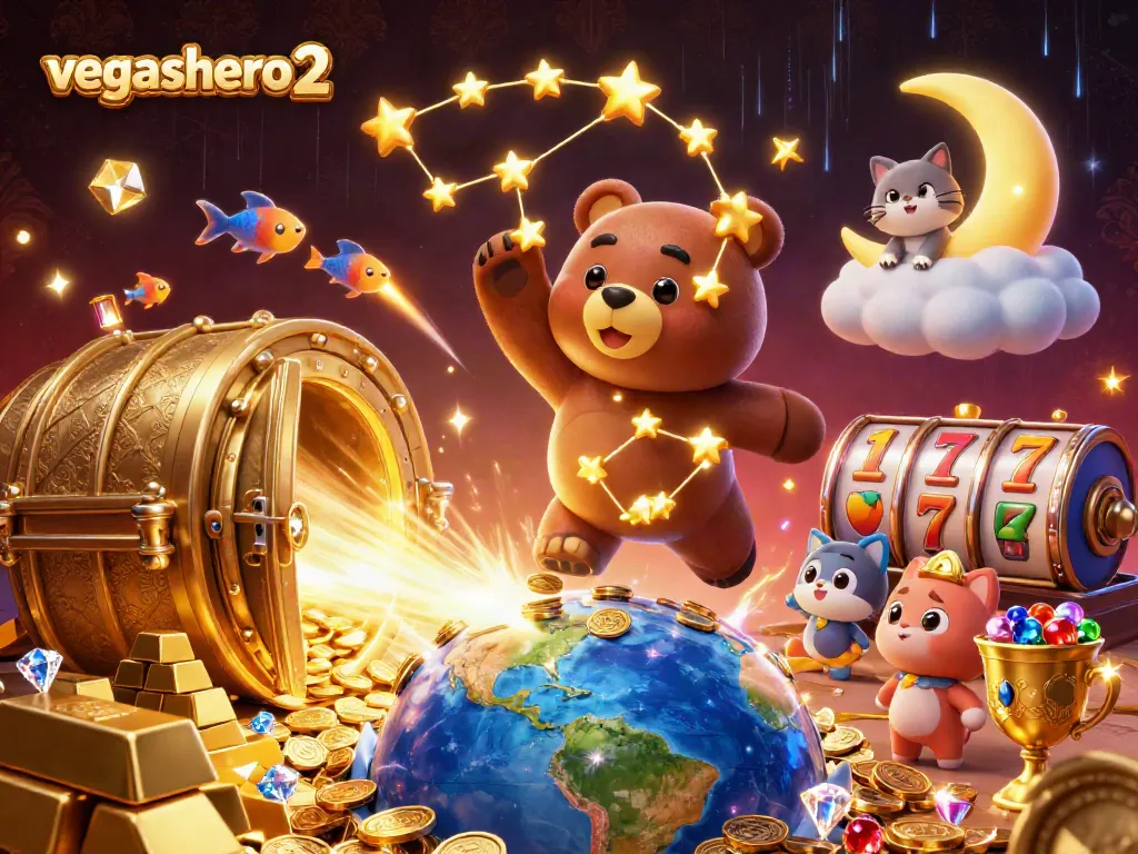 Play exciting games at vegashero 2, featuring a vibrant casino scene with golden treasures and cartoon characters.