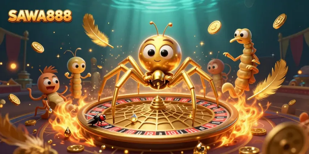 Engage with SAWA888 as a fly bets nervously beside a roulette wheel web spun by a golden spider in this vibrant casino scene.
