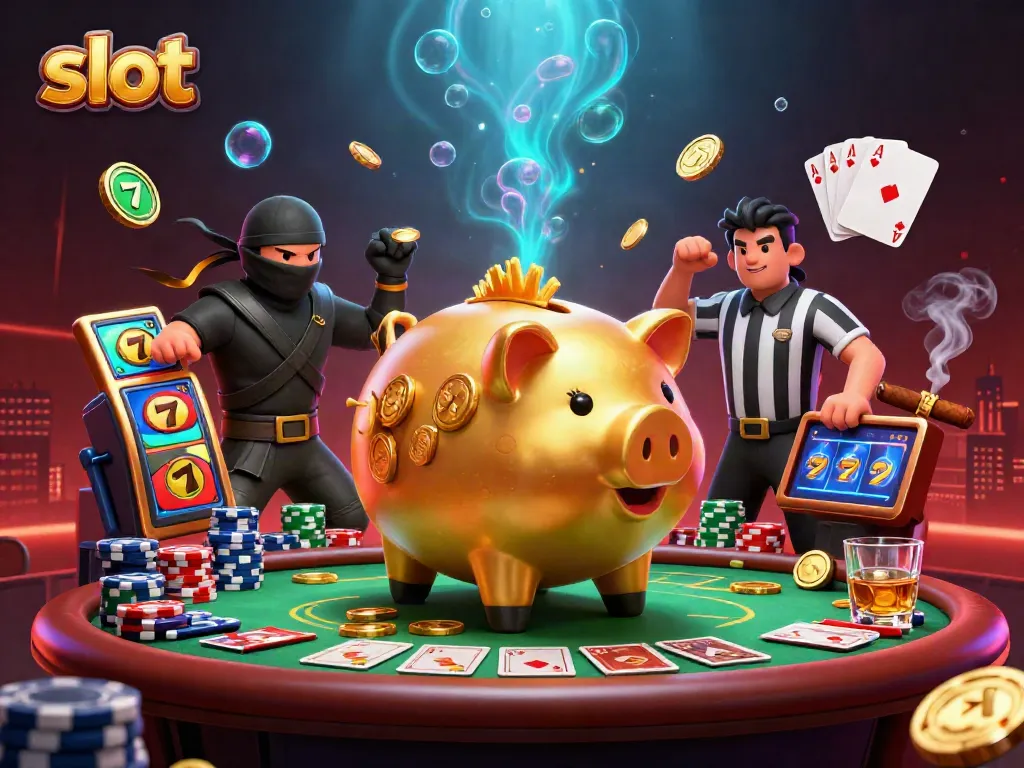 Engage with dynamic slot action featuring golden piggy bank wrestler and colorful jackpot reels