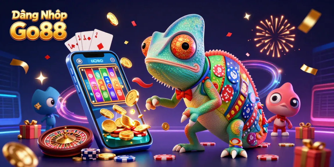 Engage with Đăng Nhập Go88 as a chameleon casino owner captures golden coins amidst a vibrant gaming scene.