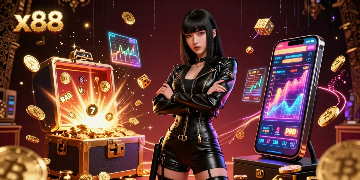 x88 casino scene featuring a stunning woman in a sleek outfit with floating Bitcoin and slot symbols.