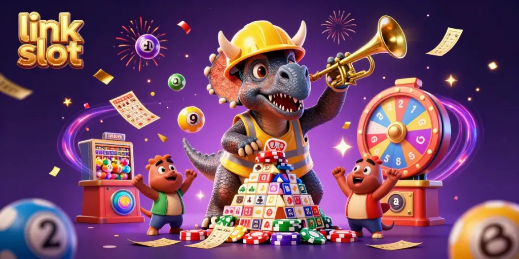 Enjoy the link slot gaming excitement with a celebrating triceratops and dynamic casino elements.