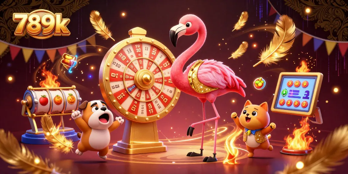 Experience the thrill of gaming at 789k with lively characters and exciting slot elements in this vibrant illustration.