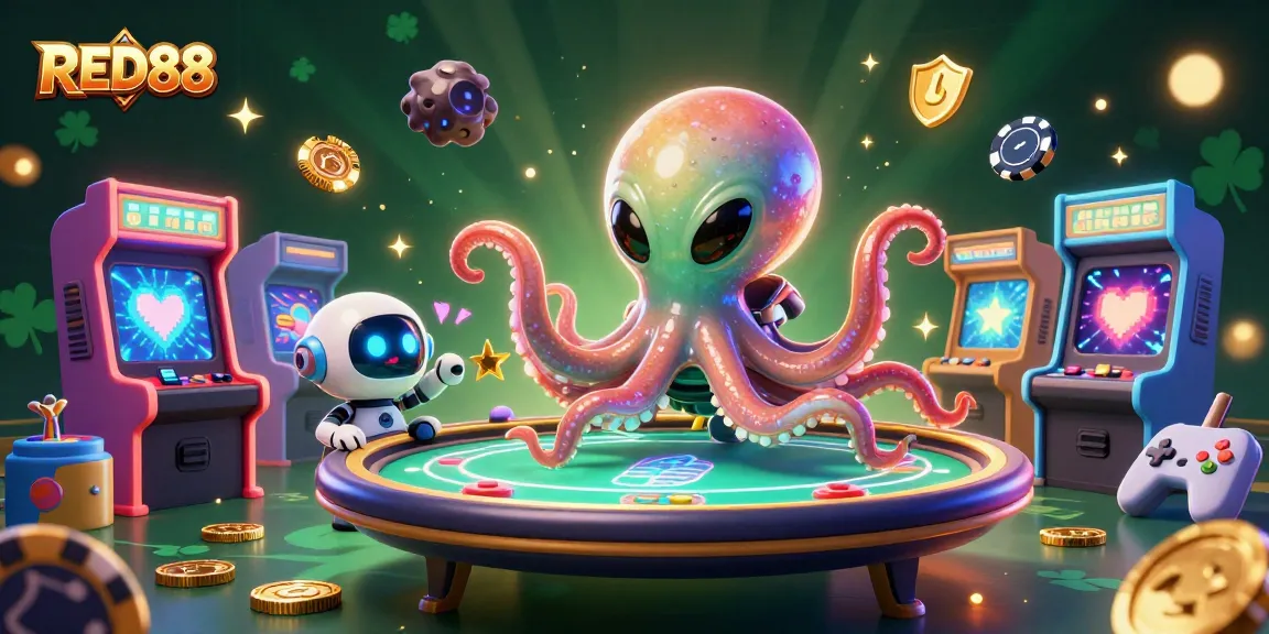 Experience exciting gameplay at RED88, featuring an alien octopus dealing poker amidst vibrant casino elements.