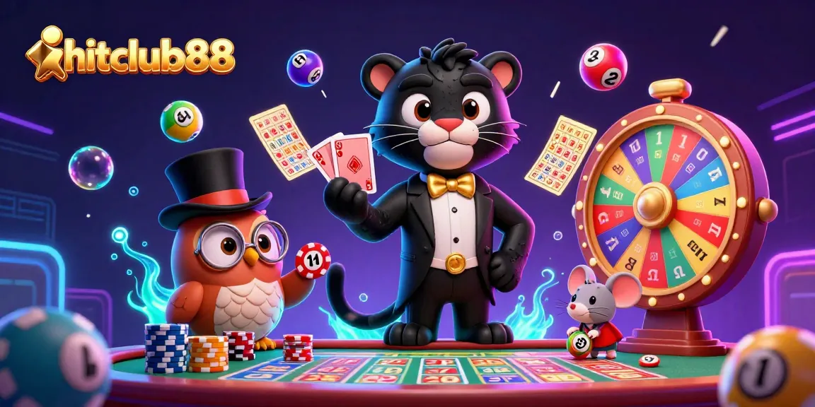 Hitclub88 showcases a unique casino vibe with a stylish black panther dealing cards amidst vibrant gaming elements.