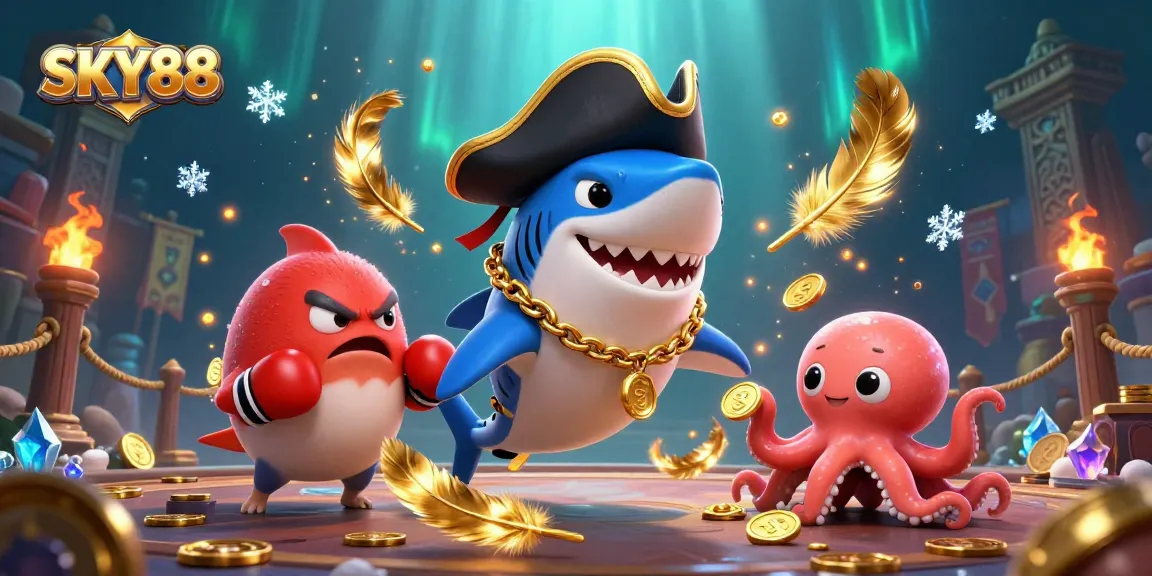 SKY88 casino offers thrilling experiences with animated characters celebrating wins in a vibrant, detailed scene.