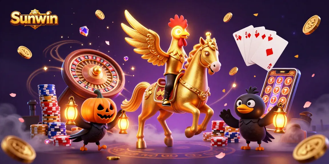 Win big at Sunwin with a vibrant midnight casino scene featuring golden rooster and interactive gaming elements.