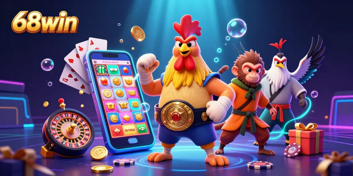 Experience intense gaming action with 68win, featuring a dynamic scene of cartoon characters among casino elements.