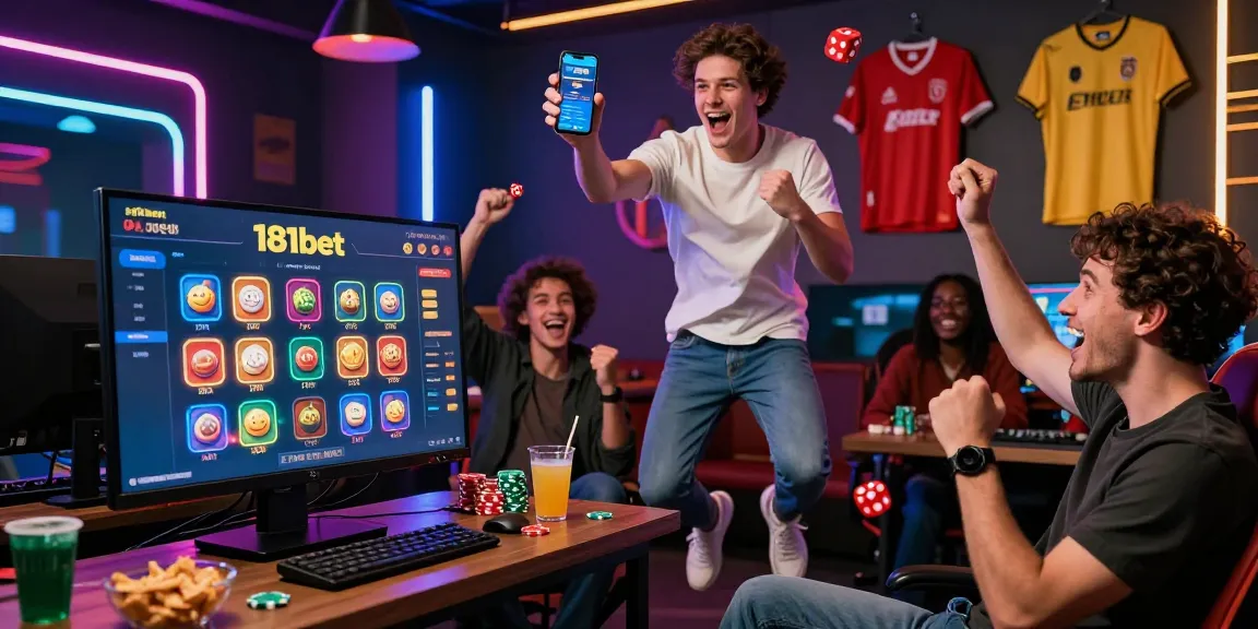 Friends celebrating a win on 181bet's online gambling platform with snacks and vibrant lights.