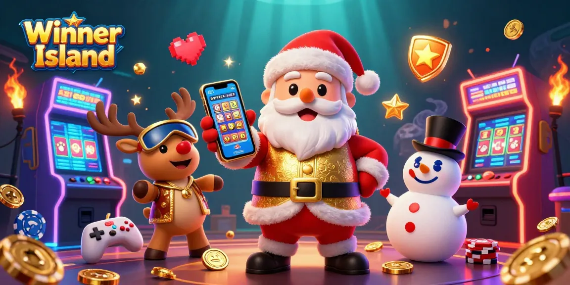 Experience thrilling gameplay at Winner Island with colorful casino elements and animated characters.