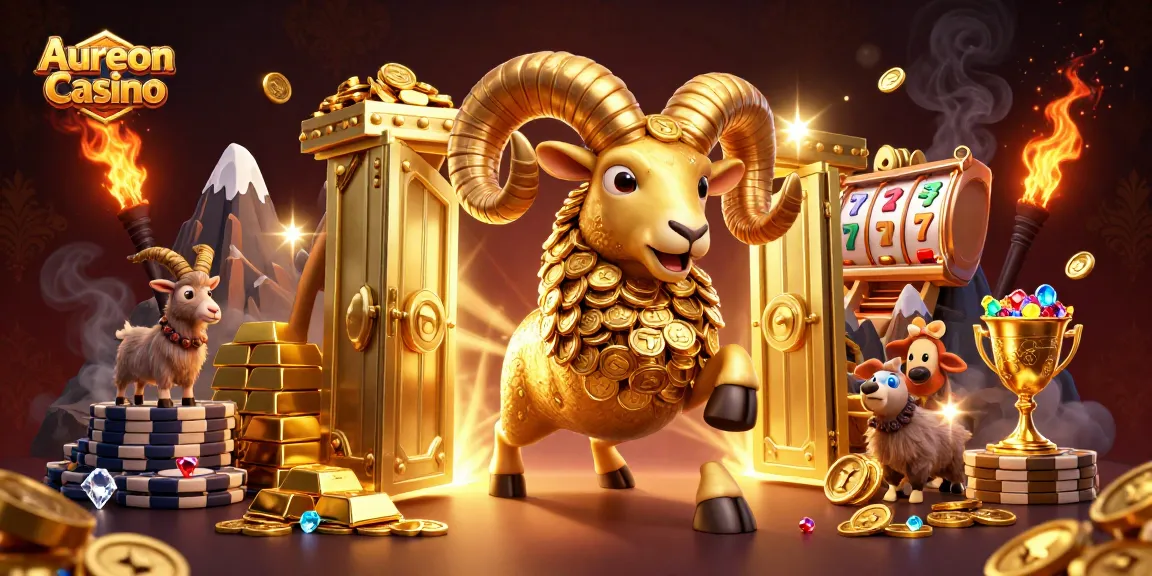 Aureon Casino offers a vivid scene of gaming excitement with a golden ram representing wealth and luck.