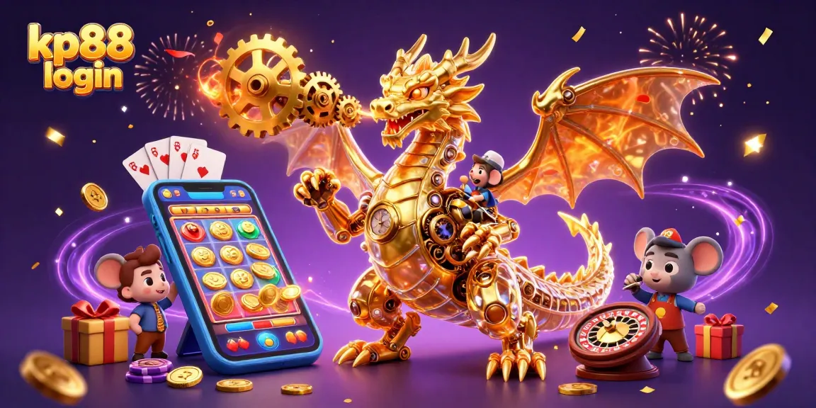 Spin to win with kp88 login, showcasing a dynamic scene of exciting casino games and an engaging golden dragon