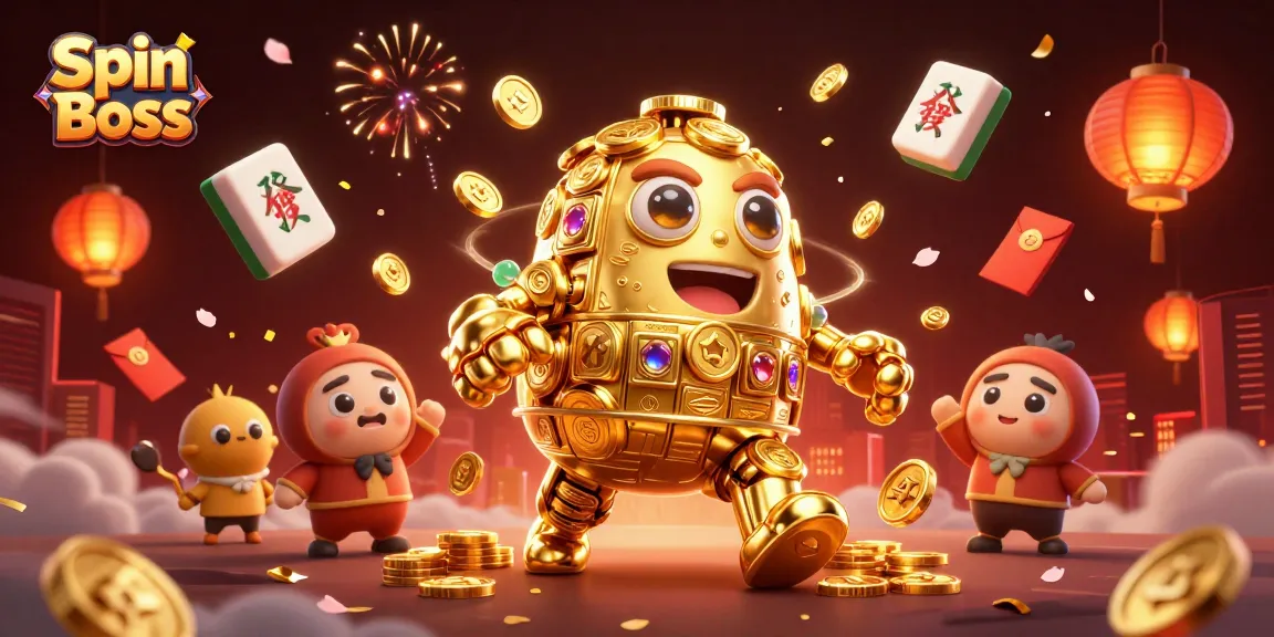 Spin Boss promotes thrilling gaming excitement with golden golem surrounded by dazzling casino elements.