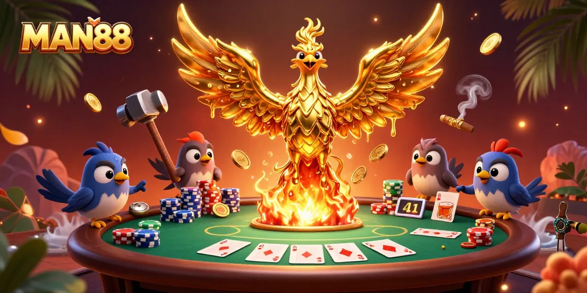 Experience the essence of MAN88 with a golden phoenix in a grand poker scene filled with vibrant elements.