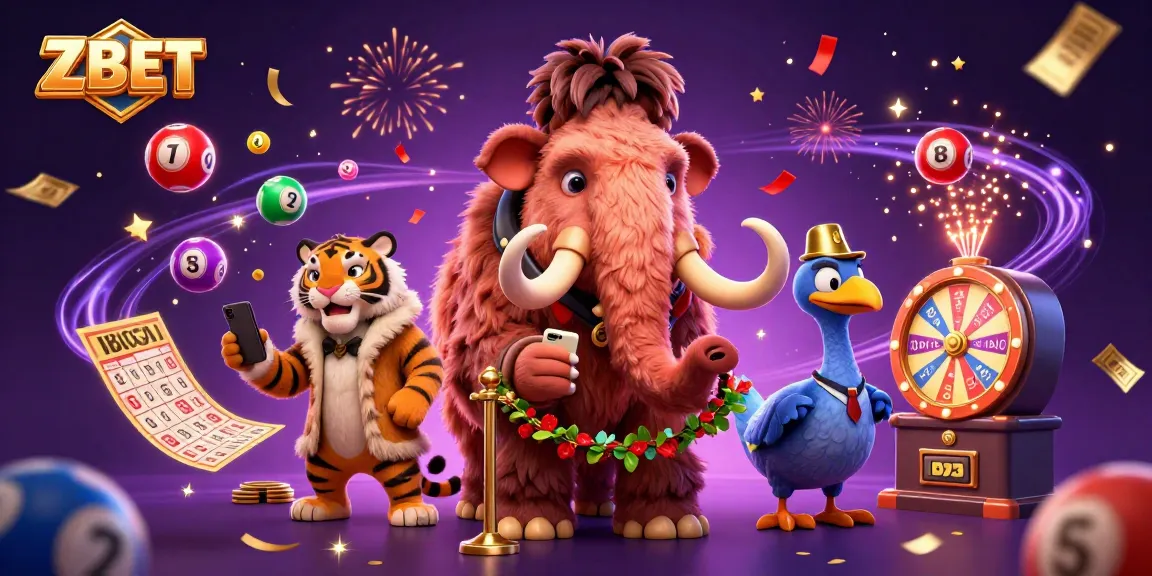 Win big at ZBET with an exciting casino scene featuring colorful lottery elements and unique characters.