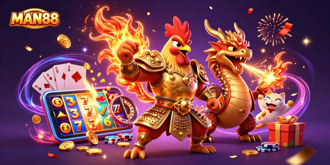 Witness the MAN88 gaming excitement with a fighting rooster and dragon in a vibrant casino scene.