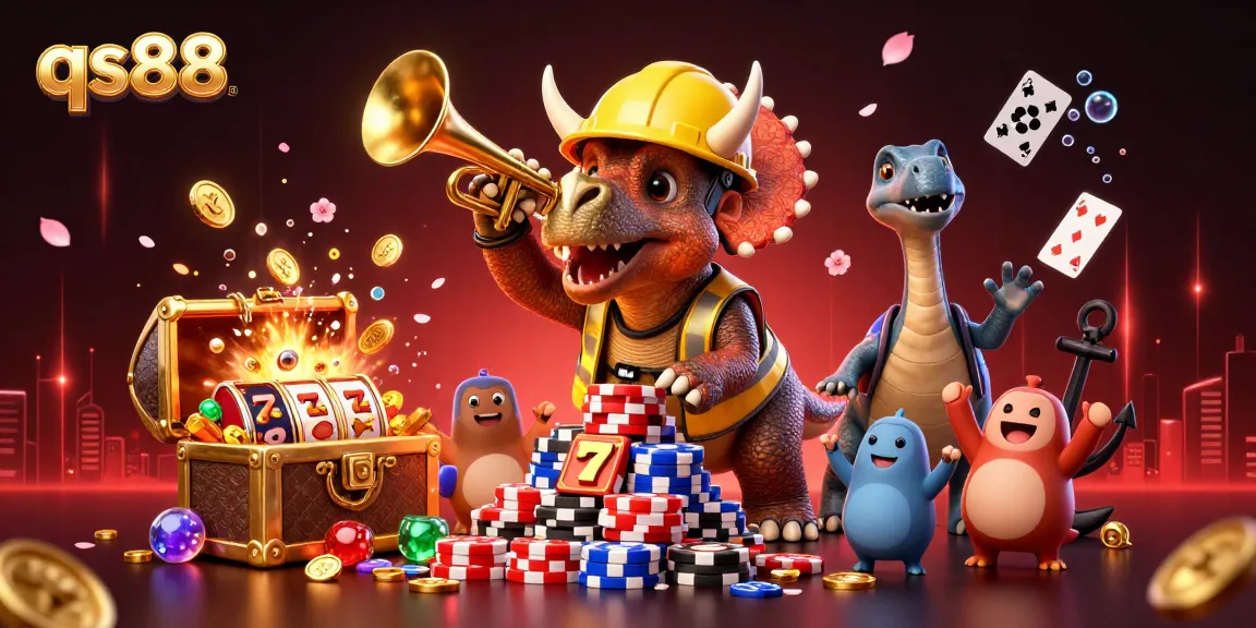 Experience the excitement of qs88 with 3D triceratops building poker chips amidst casino treasures.