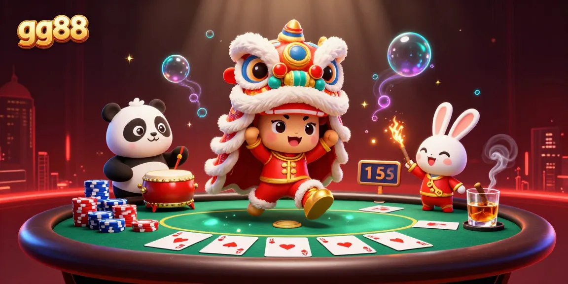 Join the action at gg88 with vibrant casino festivities featuring poker chips and colorful characters.