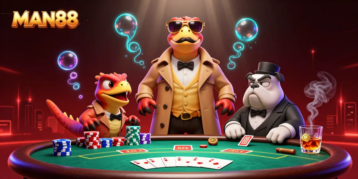 Experience MAN88's dynamic poker scene with raptors in disguise in a thrilling casino setting.