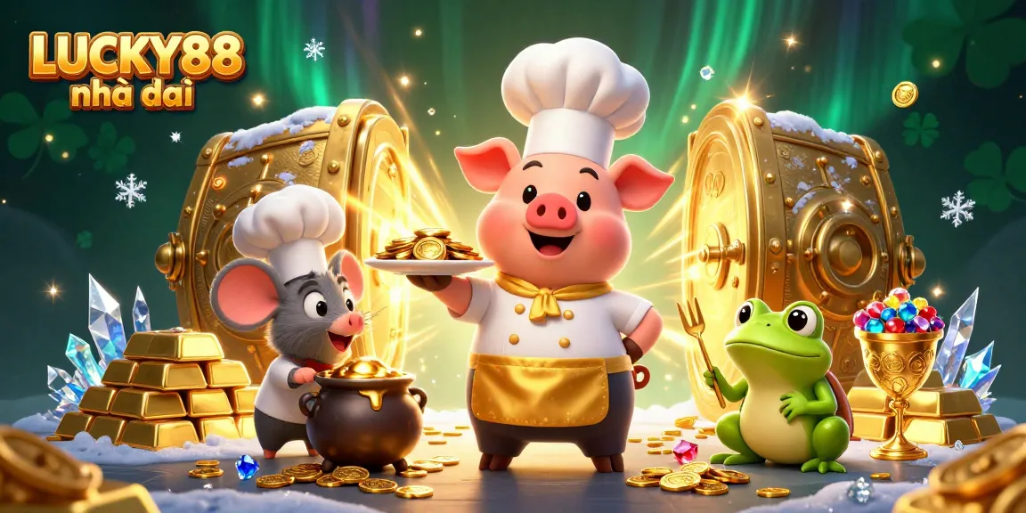 Engage in winning at LUCKY88 nhà cái while gourmet coins glimmer in a cartoon casino scene.