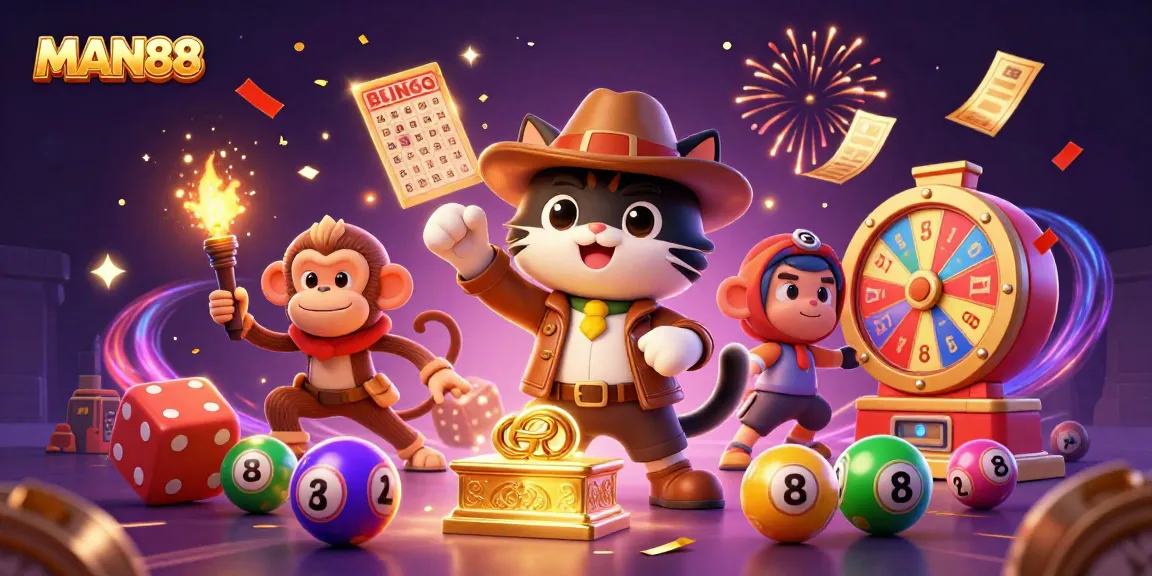 Experience the excitement at MAN88 with a lucky cat discovering golden casino treasures.