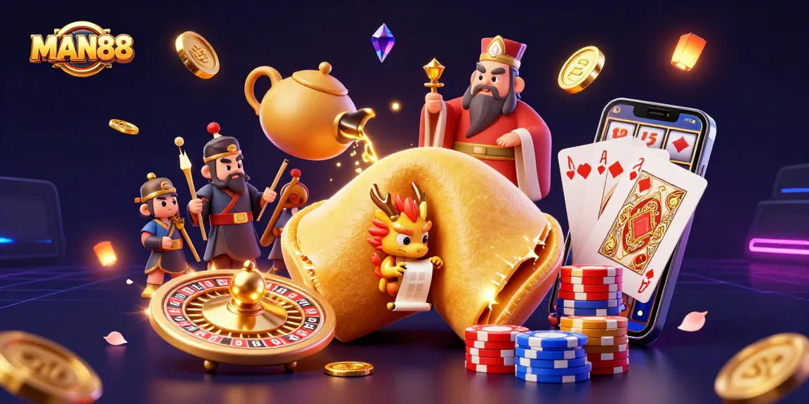 Bet big with MAN88 as a tiny dragon reads fortunes inside a giant golden fortune cookie, surrounded by glowing gems and coins.