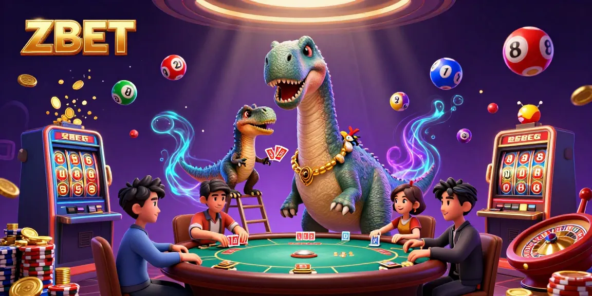 ZBET features a whimsical casino scene with a giant brontosaurus and a clever raptor dealer for a fun betting experience.