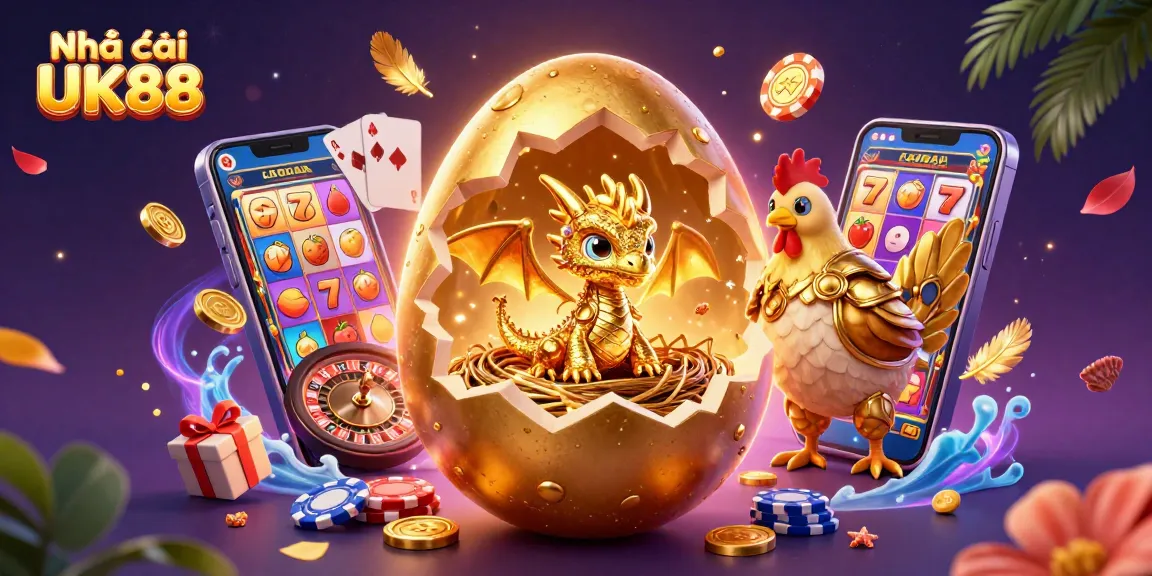 Engage in thrilling slots with Nhà cái UK88 featuring a golden dragon emerging from a poker chip nest.
