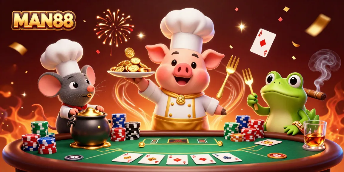Experience the thrill of MAN88 with a pig chef, gold coins, and poker excitement in a vibrant casino