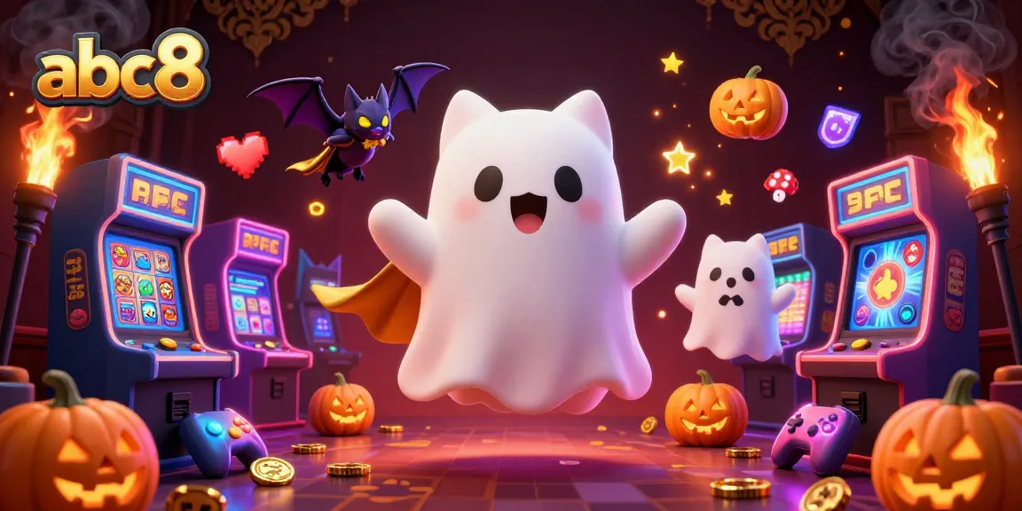 Spin lucky reels at abc8 with friendly ghost cat and vampire bat in a lively casino.